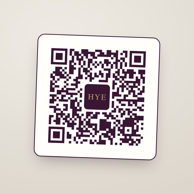간단형 QR 시안. 외곽선 안에 작가 로고 HYE가 들어간 QR만 있음